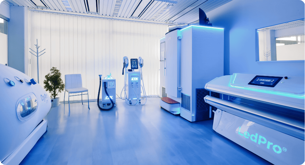 A complete Pragma recovery room — hyperbaric, localized cryo, whole-body cryo and red light