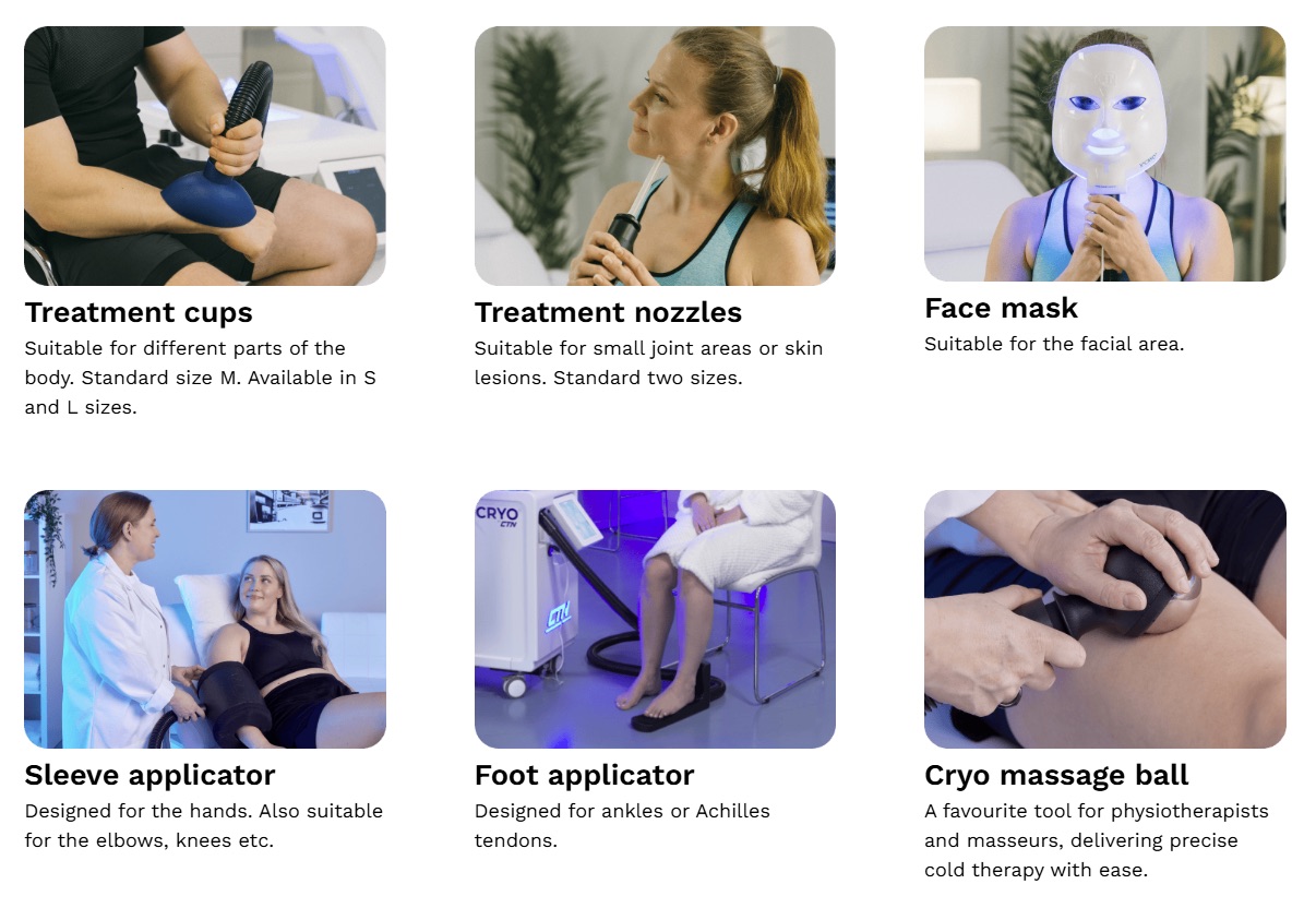 Overzicht van X°CRYO™ applicators voor lokale cryotherapie, waaronder cups, nozzles, sleeve, foot applicator en cryo massage ball. Overzicht van X°CRYO™ applicators voor lokale cryotherapie, waaronder cups, nozzles, sleeve, foot applicator en cryo massage ball.