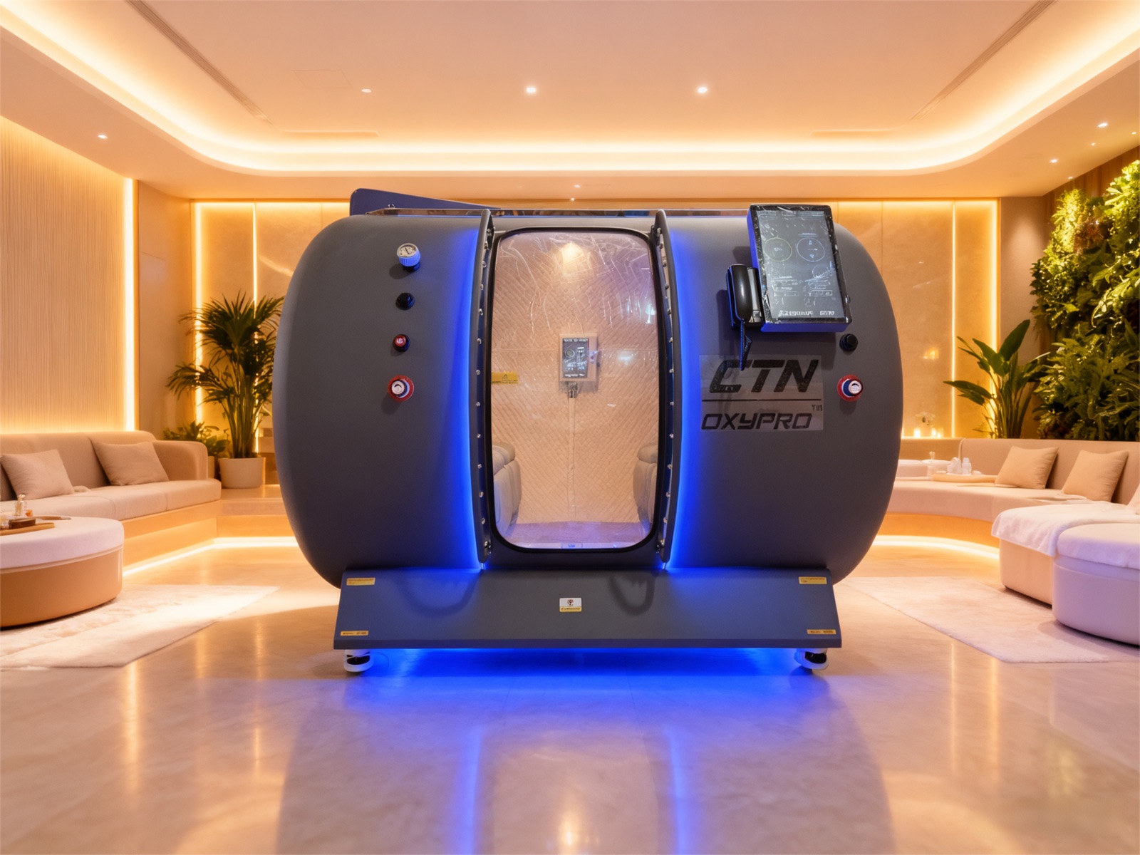 CTN OxyPro VH4 hardshell mHBOT cabine in een moderne wellness- en recoveryruimte.