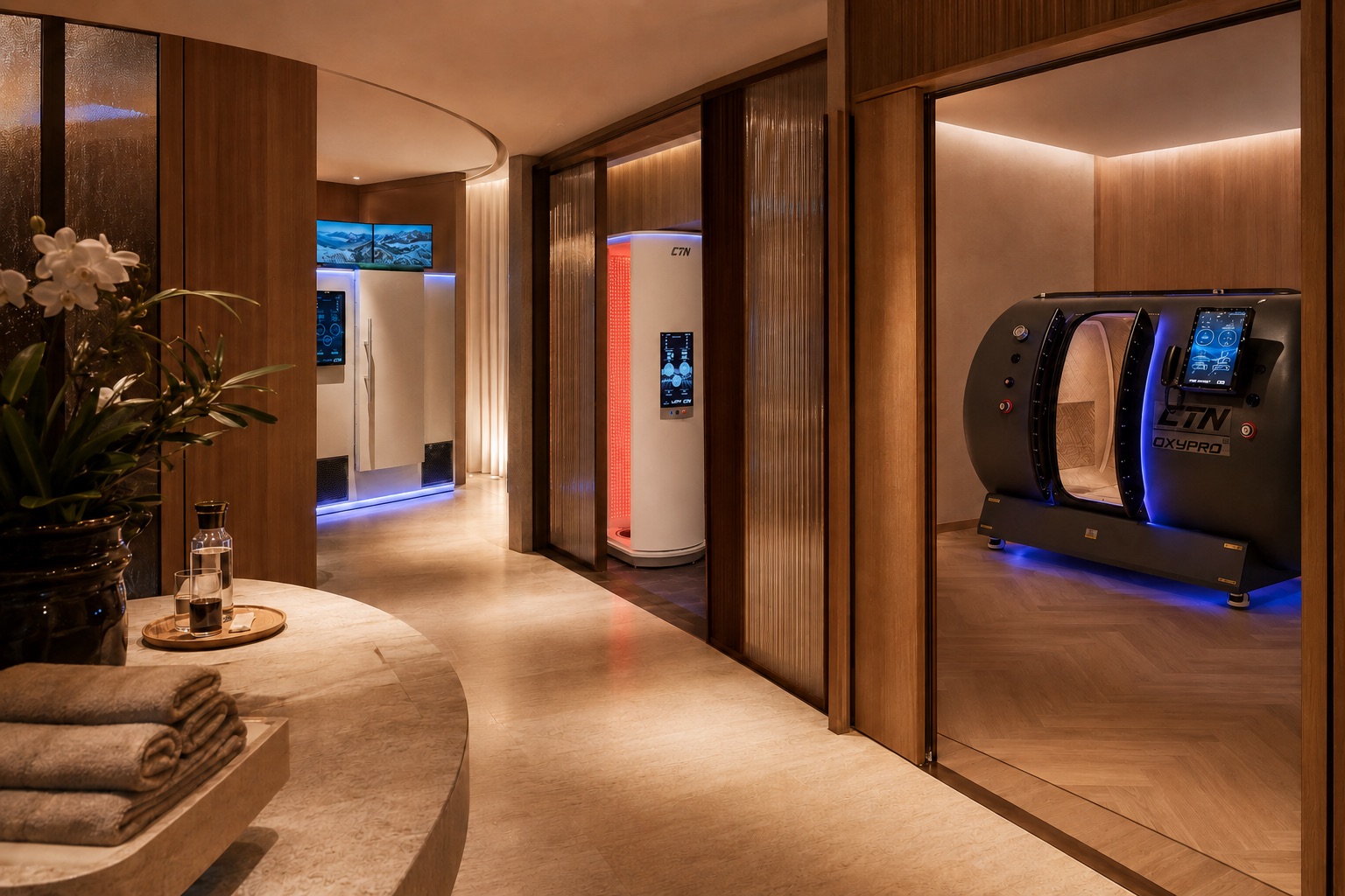 Recoveryconcept voor hotels met e°CABIN, LedPro en OxyPro in afzonderlijke wellnessruimtes