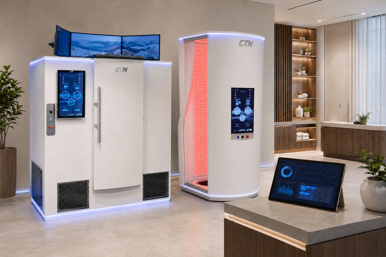 e°CABIN en LedPro geïntegreerd in een longevity-kliniek met dashboard voor capaciteit en businesscase