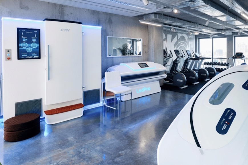 Elektrische cryotherapie cabine in gebruik binnen gym of wellnessconcept